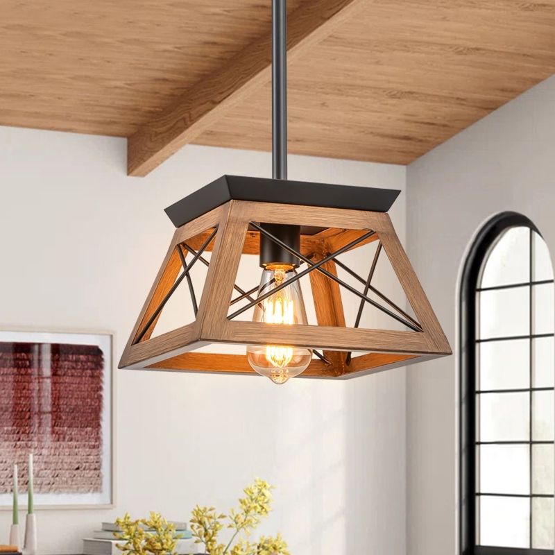Pendant Light Geometric Frame Wood Toned Finish Lantern Pendant