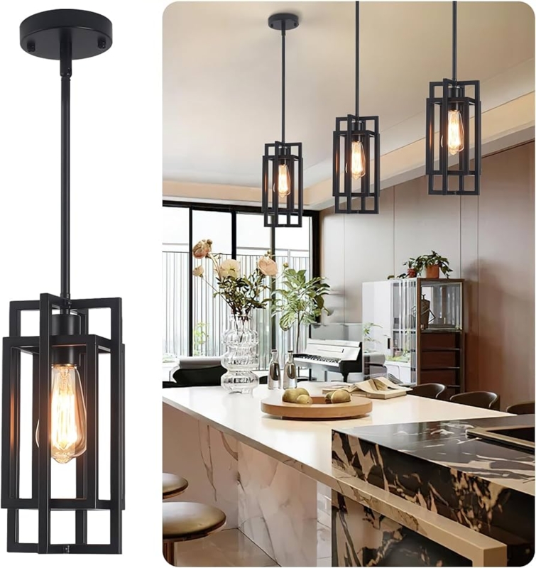 Pendant Light Geometric Lantern Shape Clear Glass Matte Metal Farmhouse