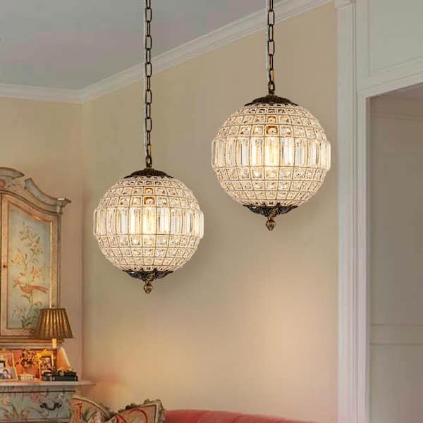 Pendant Light Glam Antique Brass Globe with Sparkle Crystal Accents