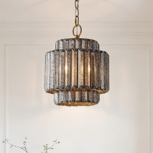 Pendant Light Glass Rods Gray Finish Polished Metal Drum Shade Fixture