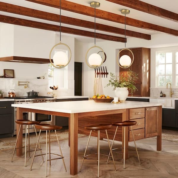 Pendant Light Gold Circular Ring Frame Opal Glass Globe Modern