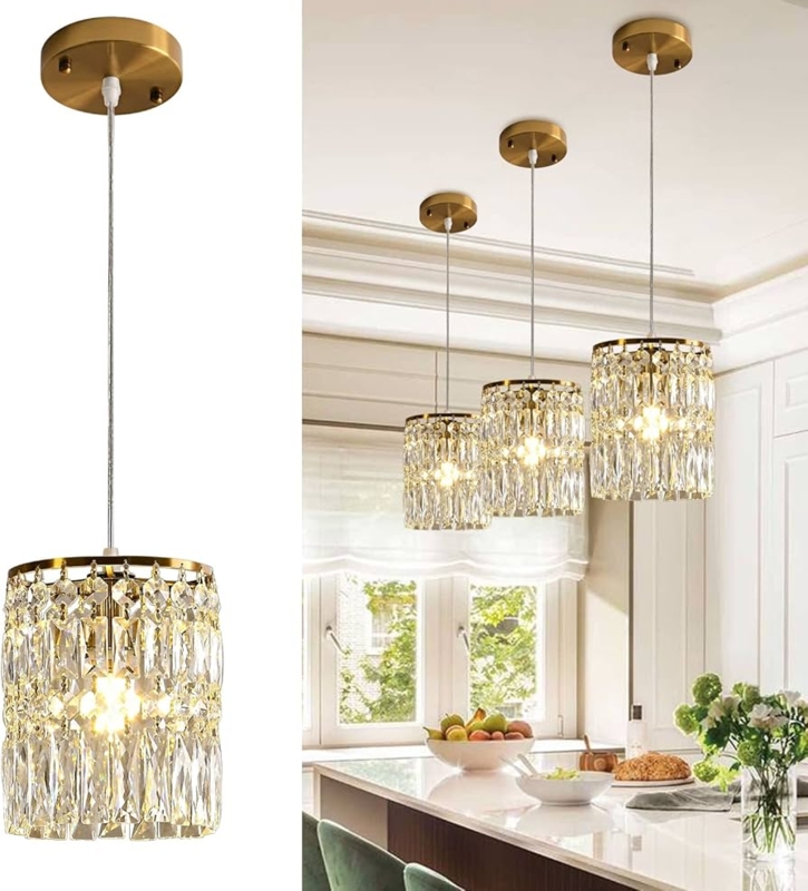 Pendant Light, Gold Crystal Encrusted Mesh Globe, Kitchen Island