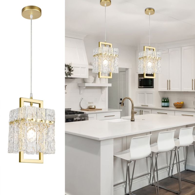 Pendant Light, Gold Cylindrical Shade with Water Ripple Glass Texture