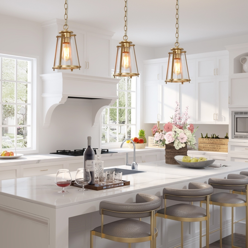 Pendant Light Gold Geometric Trio With Cylindrical Glass Shades