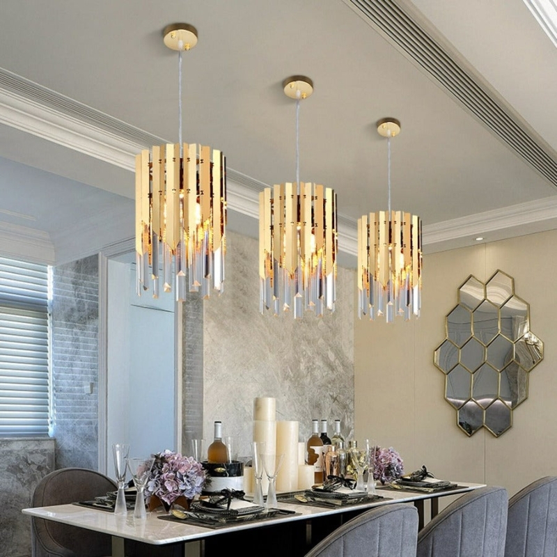 Pendant Light, Gold Halo Frame, Textured Glass Blocks, Modern Glam