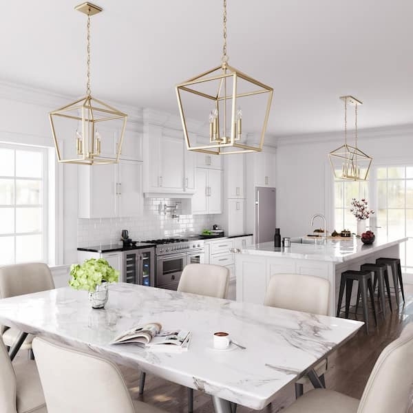 Pendant Light Gold Square Cage Four Light Candelabra Geometric