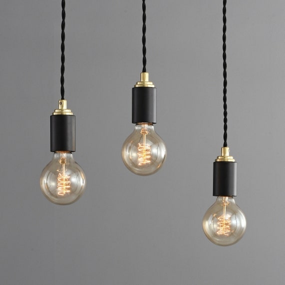 Pendant Light: Gold Top Accent, Matte Black Socket. Simple Black Metal Pendant.
