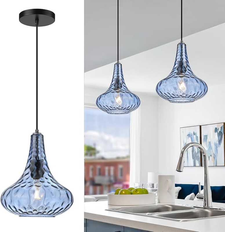 Pendant Light Hammered Blue Glass Matte Black Trio Coastal Fixture