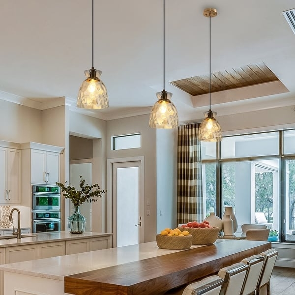 Pendant Light: Hammered Glass Dome, Brass Hardware, Mid-Century