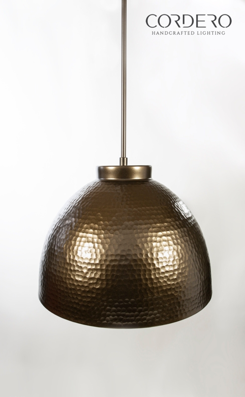 Pendant Light, Hammered Metal Dome with Copper Interior Finish