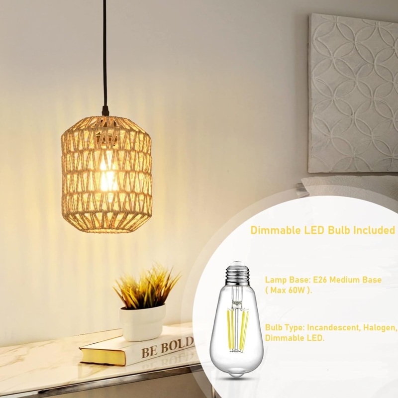 Pendant Light Hand Woven Rattan Spherical Shade Plug In Boho Style