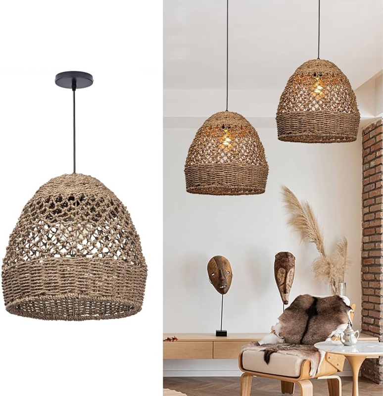 Pendant Light Handwoven Rattan Bell Shape for Coastal Dining