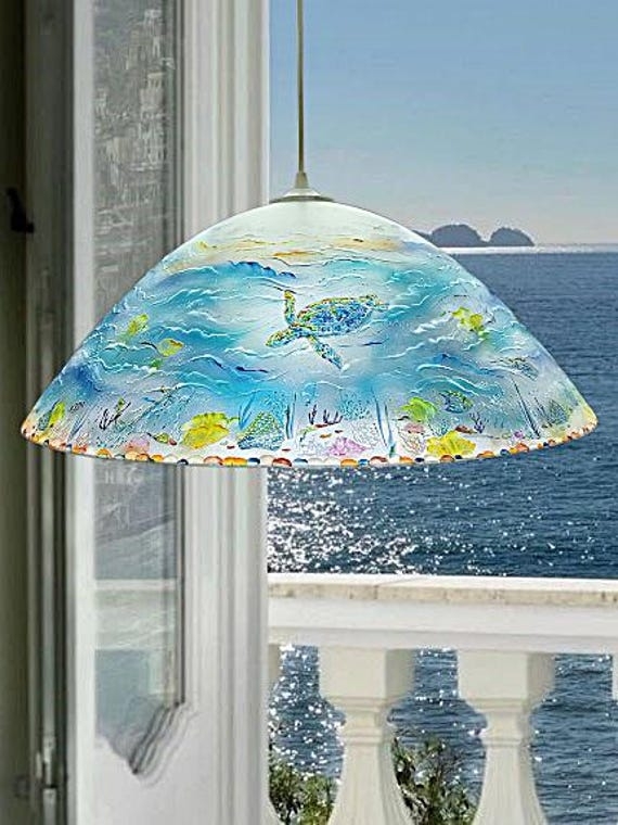 Pendant Light Hexagonal Frame Maritime Motifs Stained Glass Look