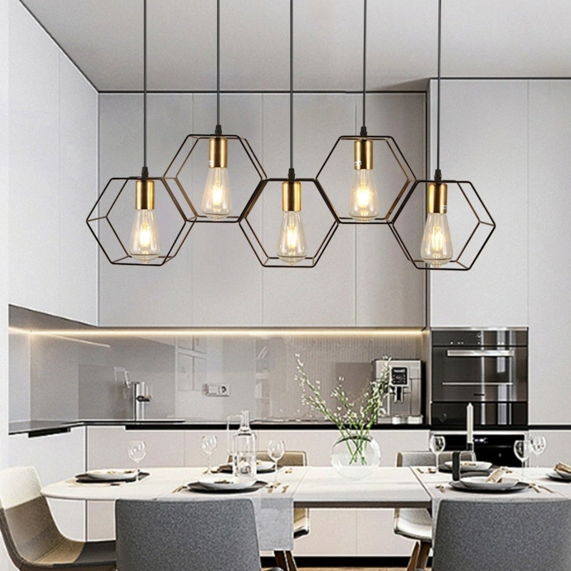 Pendant Light Hexagonal Iron Frame Matte Black Minimalist