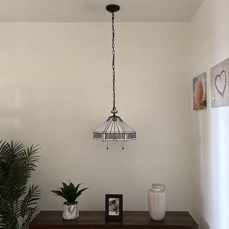 Pendant Light Hexagonal Shade White Tiffany Glass Amber Accents