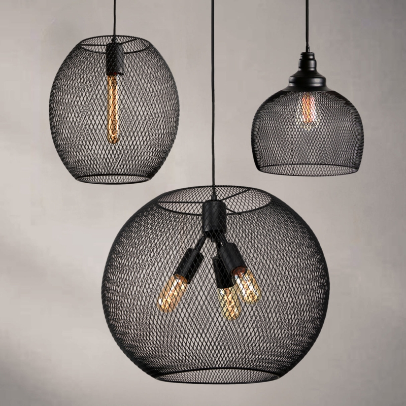 Pendant Light Industrial Black Metal Mesh Globe Shade Exposed Bulb