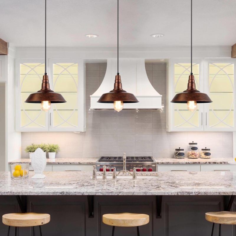 Pendant Light, Industrial Dome Shade with Wood Accent Neck