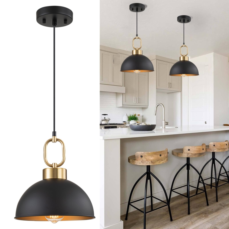 Pendant Light Industrial Matte Black Dome with Brass Socket Accent