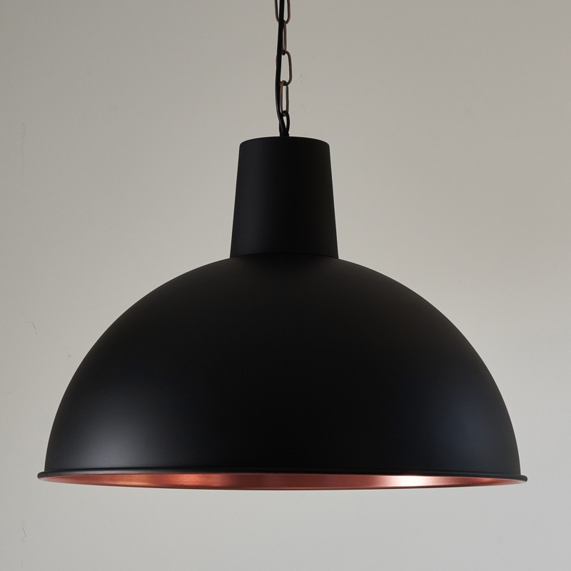 Pendant Light Industrial Matte Black Dome with Textured Glass Diffuser