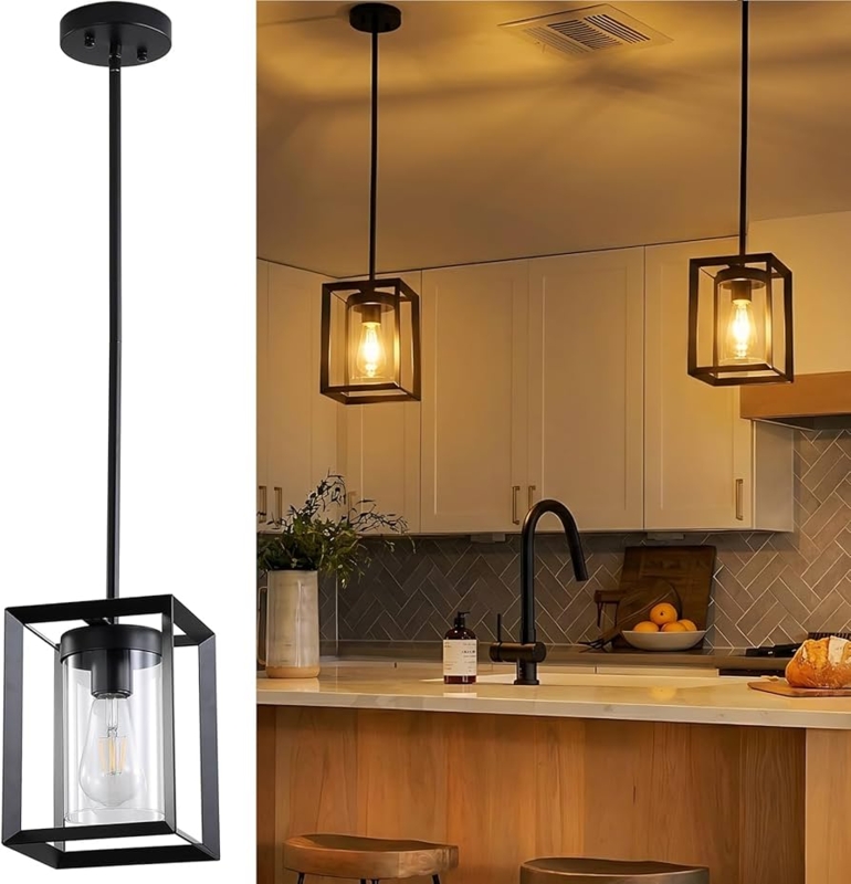 Pendant Light Industrial Matte Black Metal Cage Clear Glass