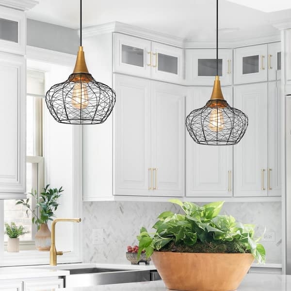 Pendant Light Industrial Matte Black Rectangular Cage Mixed Metal