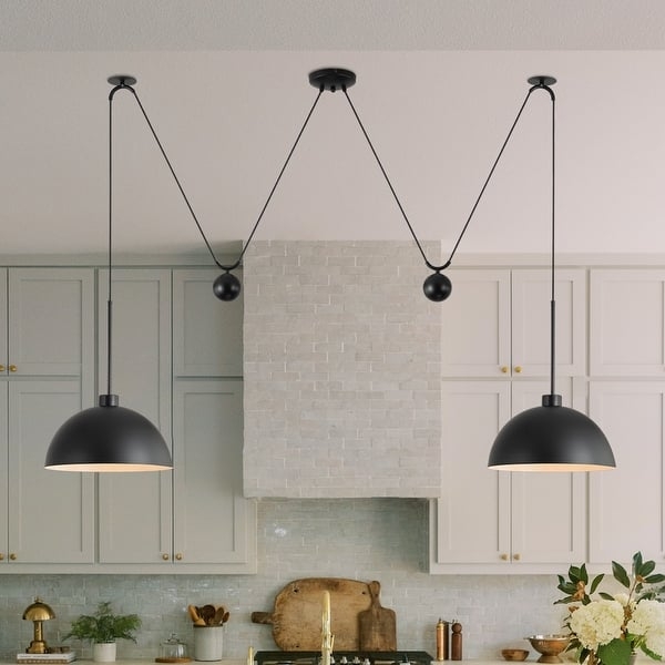 Pendant Light Industrial Pulley Mechanism Matte Black Island Lighting