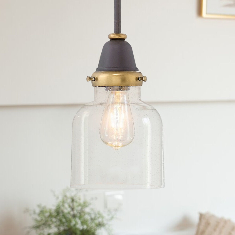 Pendant Light, Industrial Seeded Glass Bell, Oil-Rubbed Bronze