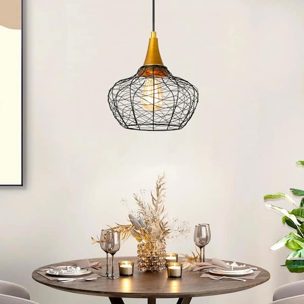 Pendant Light Industrial Wire Cage Brass Accents Cylindrical Shape