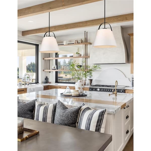 Pendant Light: Ivory Linen Drum, Matte Black Hardware