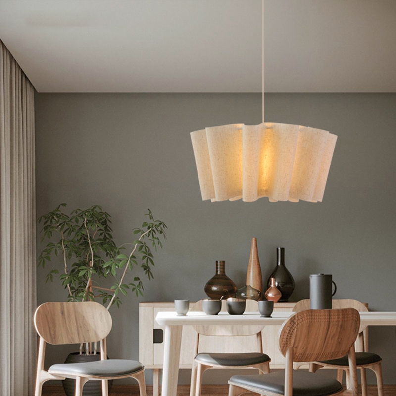 Pendant Light Japandi Linear Lighting Pleated Fabric Shade Wood Frame