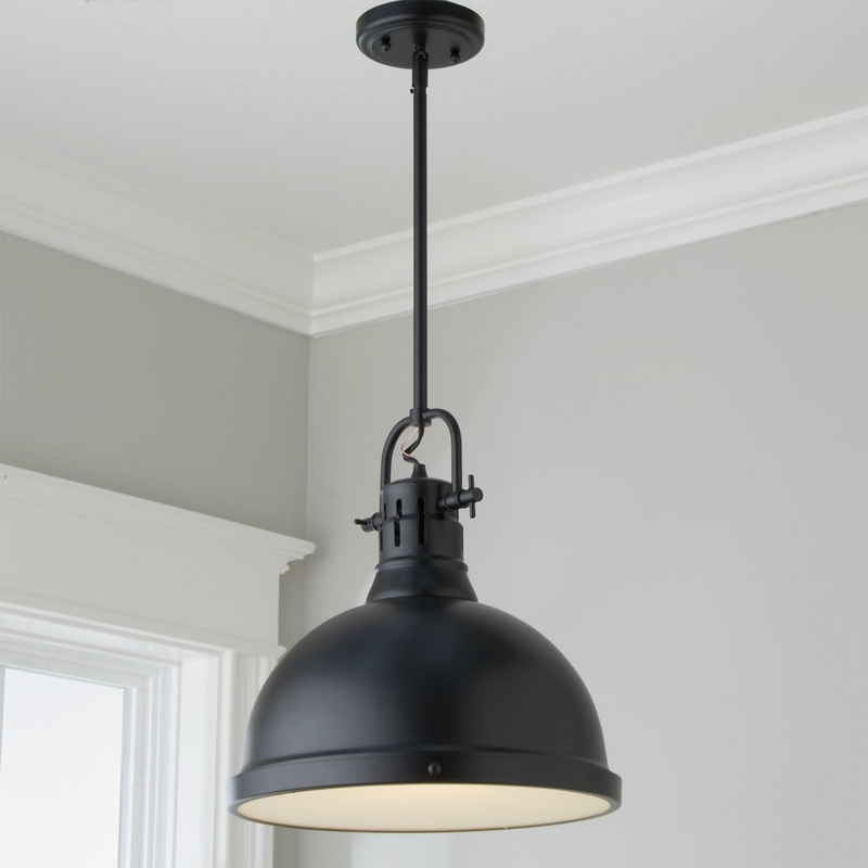Pendant Light Large Dome Shade Dark Metal Rod Mount Transitional