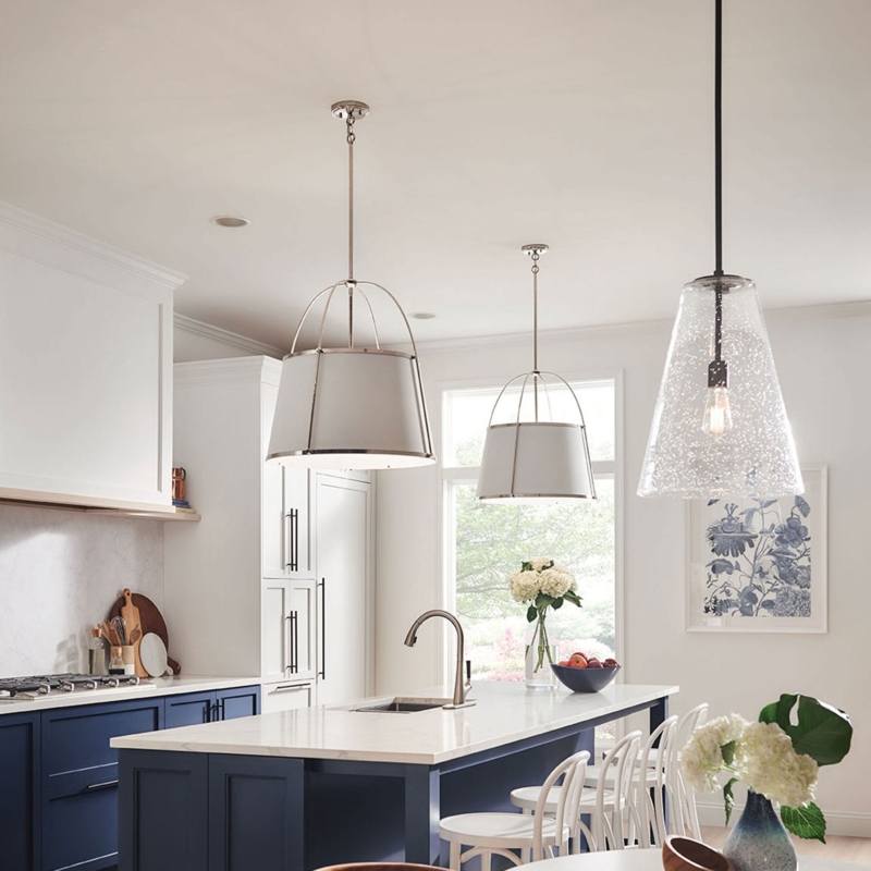 Pendant Light: Large Scale Cream Drum Shade with Matte Black Frame