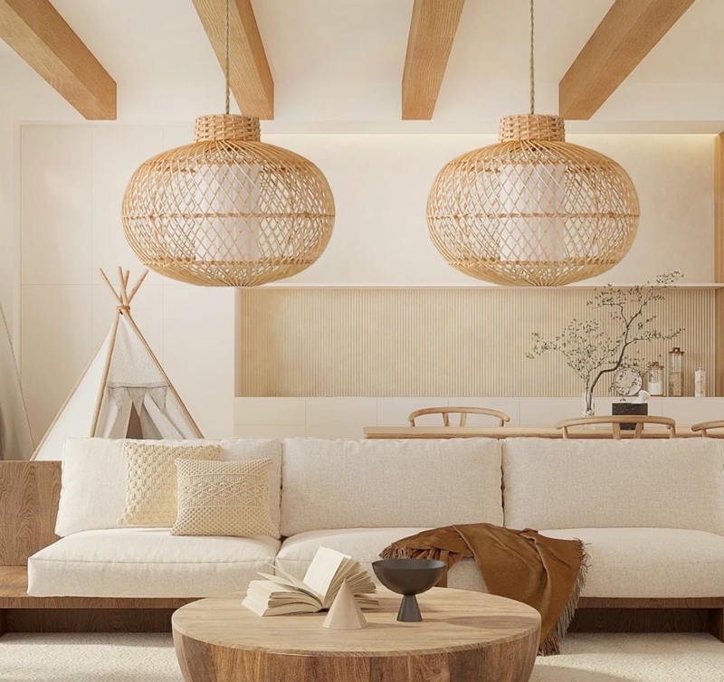 Pendant Light Large Scale Rattan Cane with Scalloped Edge Feature