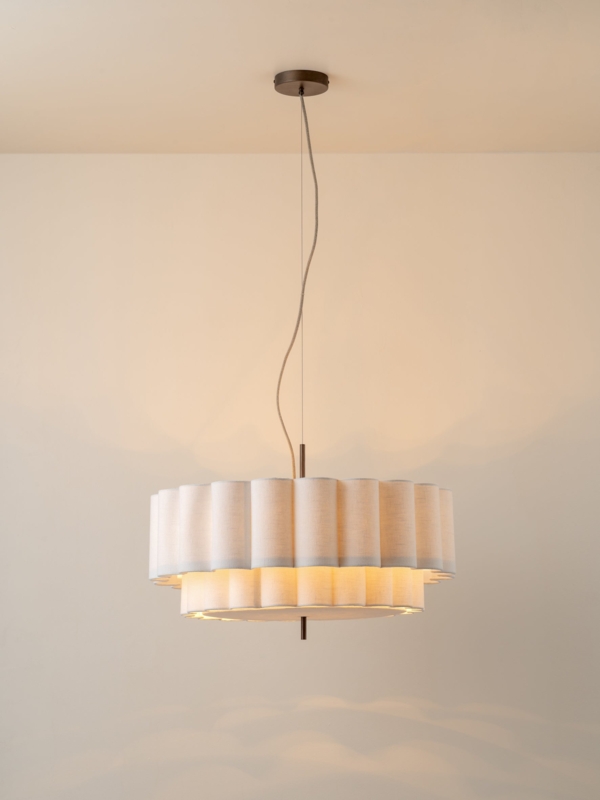 Pendant Light: Large Scalloped Linen Shade, Gold