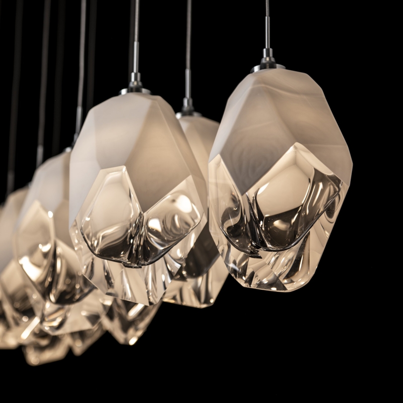 Pendant Light, Large Tiered Crystal Rods, Forged Metal Accents, Moody