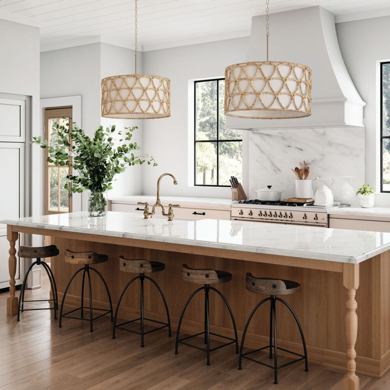 Pendant Light Large Woven Rattan Dome with Matte Brass Hardware Coastal
