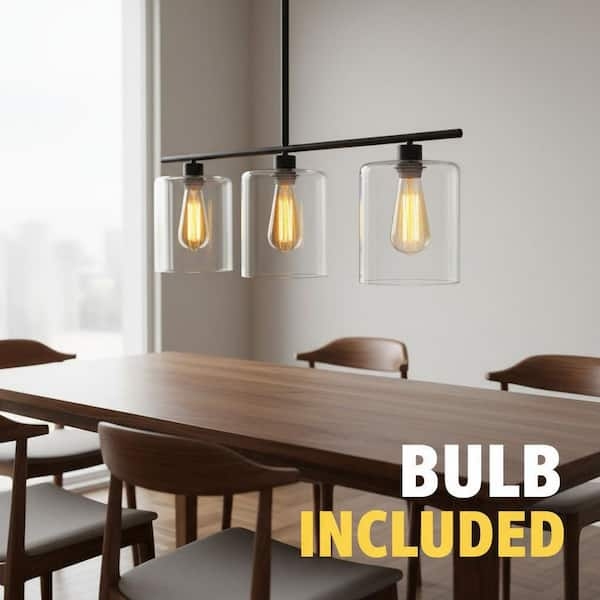 Pendant Light Linear 3-Light Matte Black Clear Cylindrical Glass