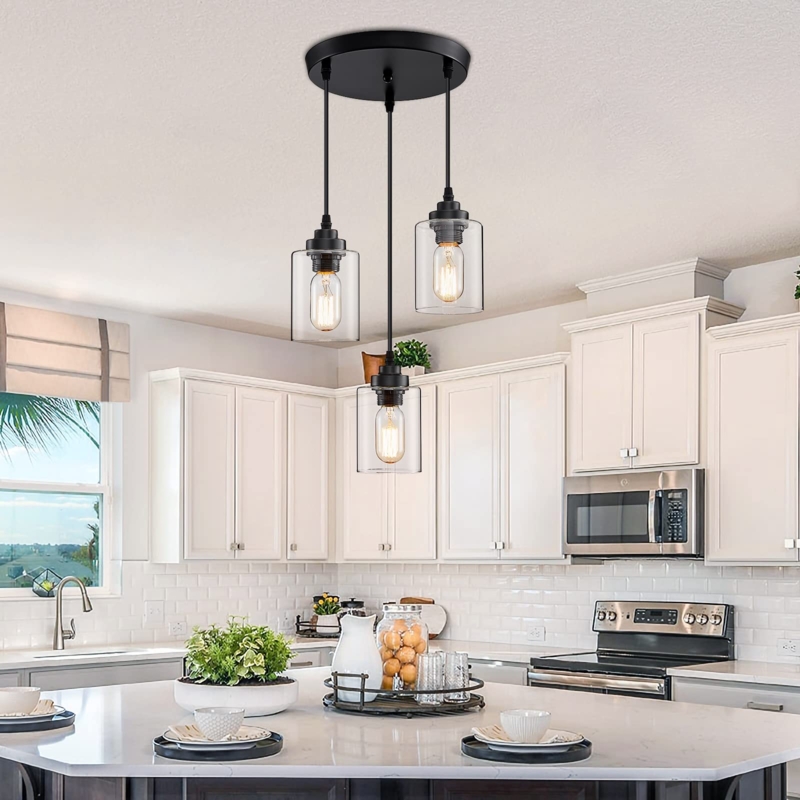 Pendant Light, Linear Canopy, Clear Glass Bell Shades, Three Light Linear Pendant