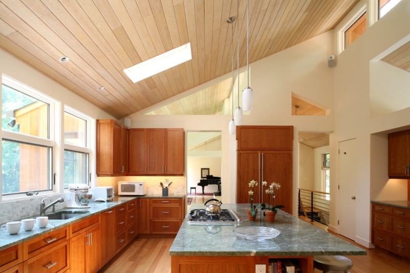 Pendant Light Linear Fixture on Sloped Wood Ceiling