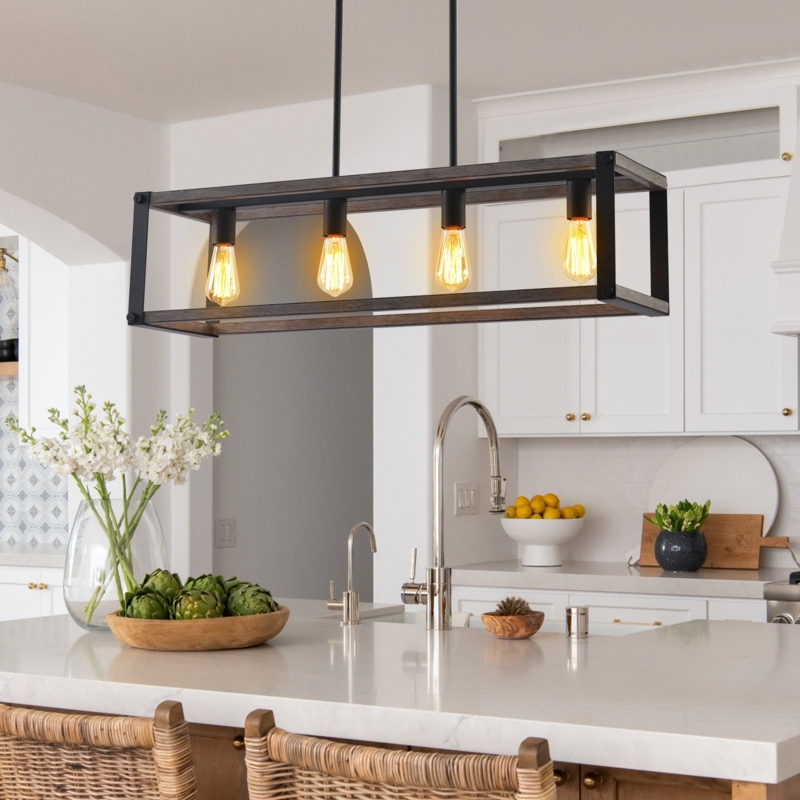 Pendant Light Linear Matte Black Four Light Open Cage Industrial