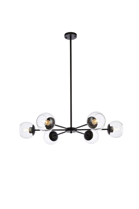 Pendant Light Linear Matte Black Six Light Cylindrical Glass Shades