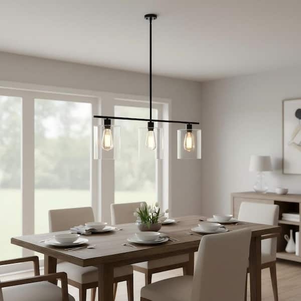 Pendant Light Linear Three Light Matte Black Clear Glass Cylinders