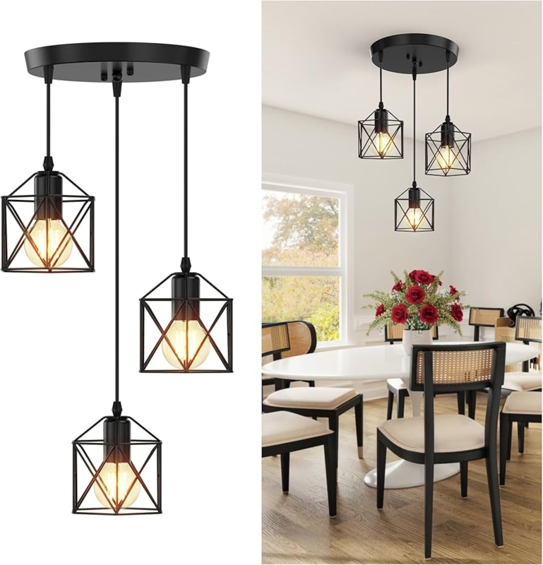 Pendant Light, Linear Three-Light, Matte Black, Industrial Island Lighting