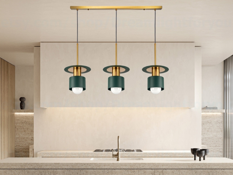 Pendant Light, Linear Triple, Matte Black & Brass, Mid-Century Modern Chandelier
