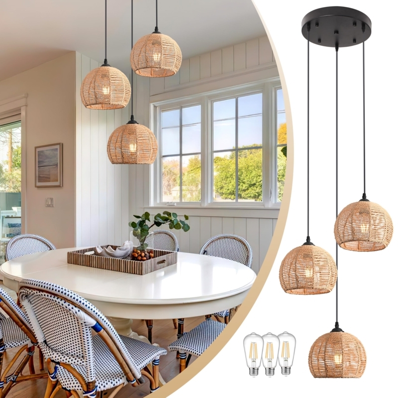 Pendant Light: Linear Triple Pendant Hemp Rope Weave