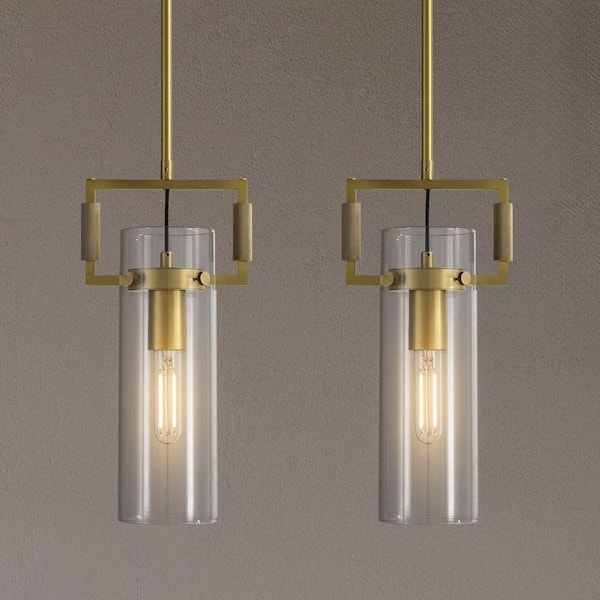 Pendant Light Linear Two Light Design Gold Horizontal Bar Clear Cylindrical