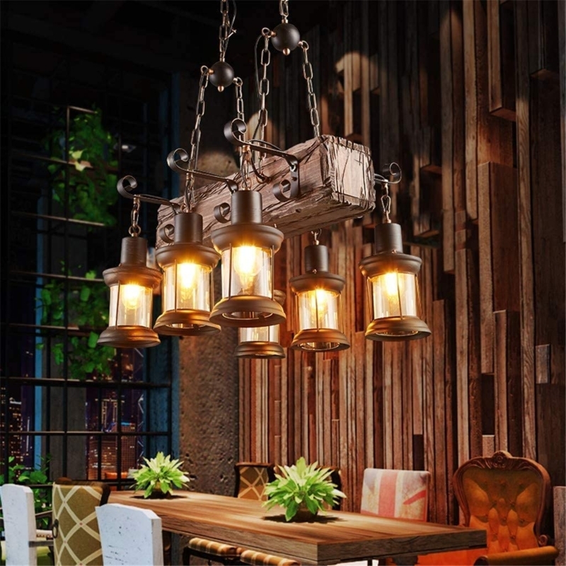Pendant Light Linear Wood Beam Wrapped Cord 6-Light Industrial Style