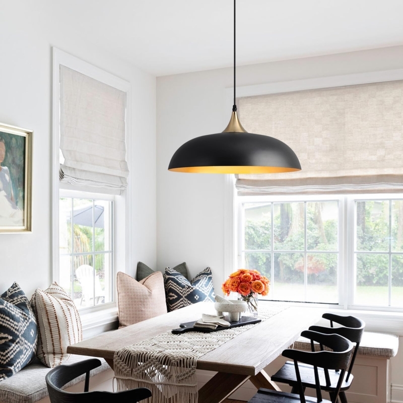 Pendant Light Matte Black Dome Hammered Gold Interior Brass Loop