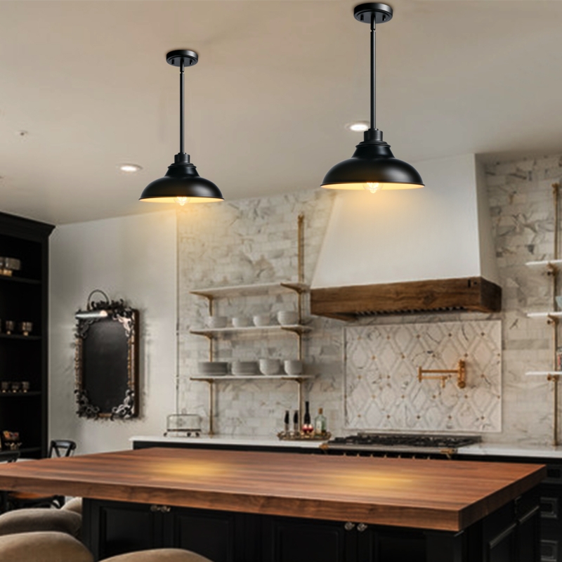 Pendant Light Matte Black Dome Metal Rod Suspension Kitchen Island