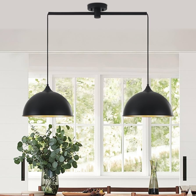Pendant Light Matte Black Dome Textured Gold Interior Set of Two